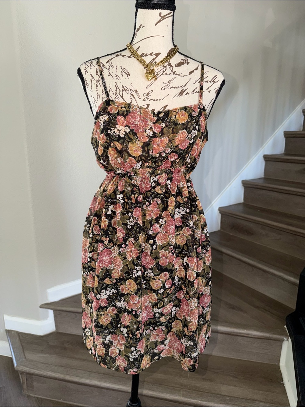 Brandy Melville Black Floral Mini Dress with Pink & Tan Roses